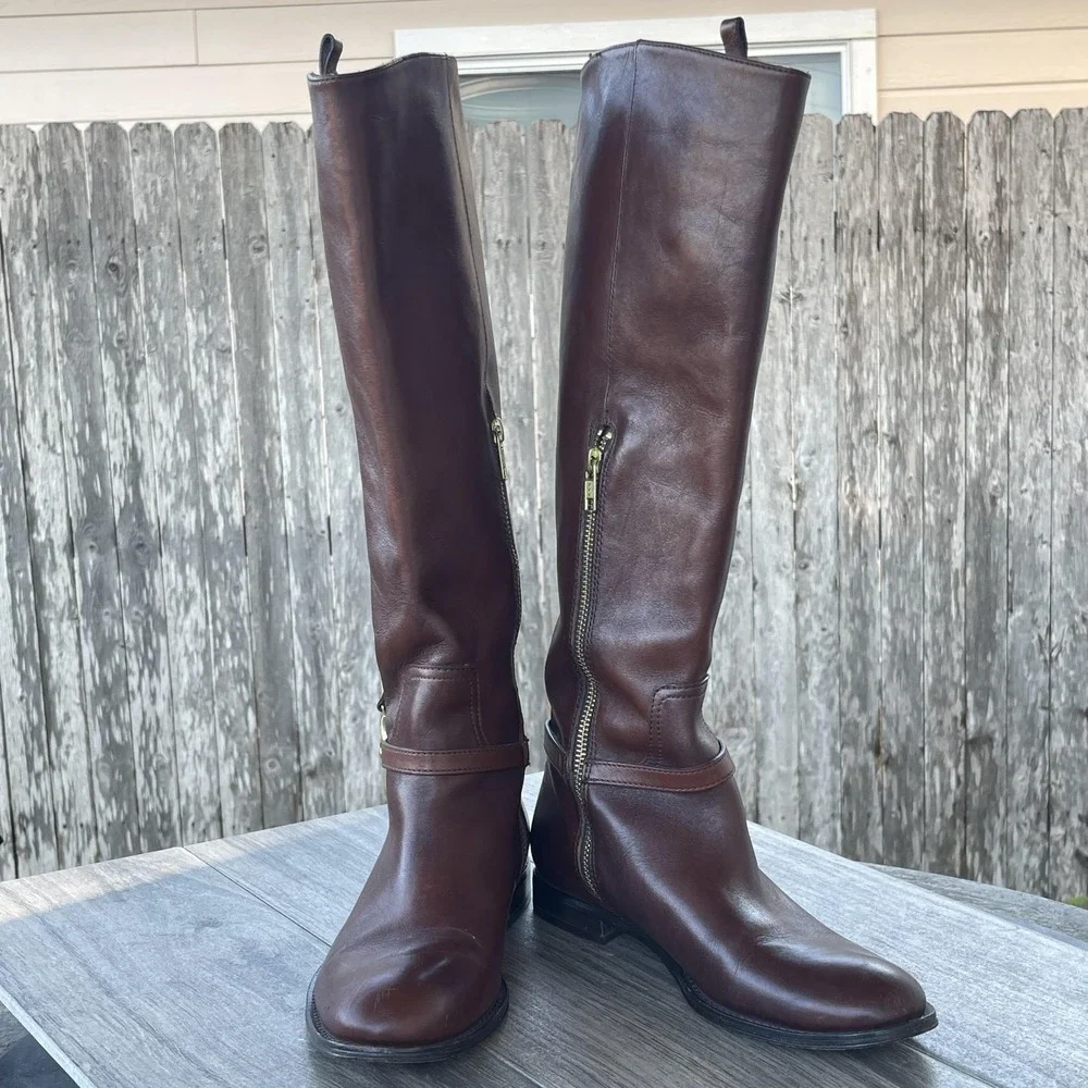Coach Mulan‎ Tall Riding Boots Women 7B Brown Leather Logo Harness Equestrian